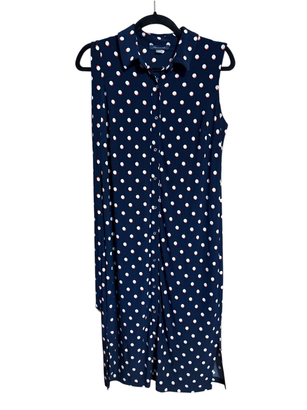 Tommy Hilfiger Navy Blue Be Sleeveless Polka Dot Button Front Belted Dress 6
